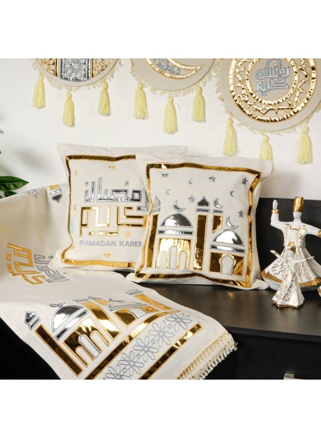 i diD 6-Piece Luxury Ramadan Decor Set - Gold Embroidered Cotton Duck - Table Runner (140x42cm), 2 Cushion Covers (42x42cm) & 3 Wall Hangings - Image 2